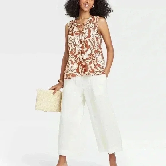 A New Day Smocked Tank Top Rust Floral V-Neck Tie - Picture 5 of 5